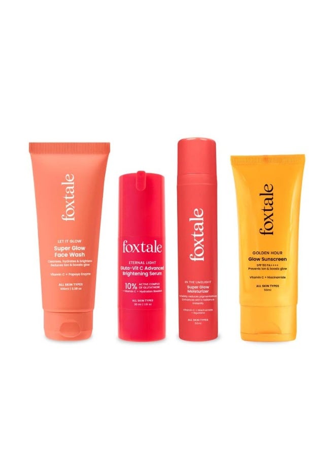 Foxtale Eternal Glow Combo | Super Glow Face Wash 100ml+ Vit C Glutathione Serum 30ml+ Super Glow Moisturizer 50ml+ SPF 50 Glow Sunscreen 50ml | Cleanses, brightens, hydrates & protects | All skin types - Image 1